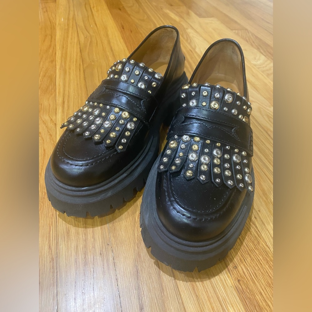 Maje Black Leather Platform Loafers with Gold Studs